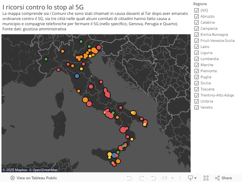 I ricorsi contro lo stop al 5GLa mappa comprende sia i Comuni che sono stati chiamati in causa davanti al Tar dopo aver emanato ordinanze contro il 5G, sia tre città nelle quali alcuni comitati di cittadini hanno fatto causa a municipio e compagnie telef 